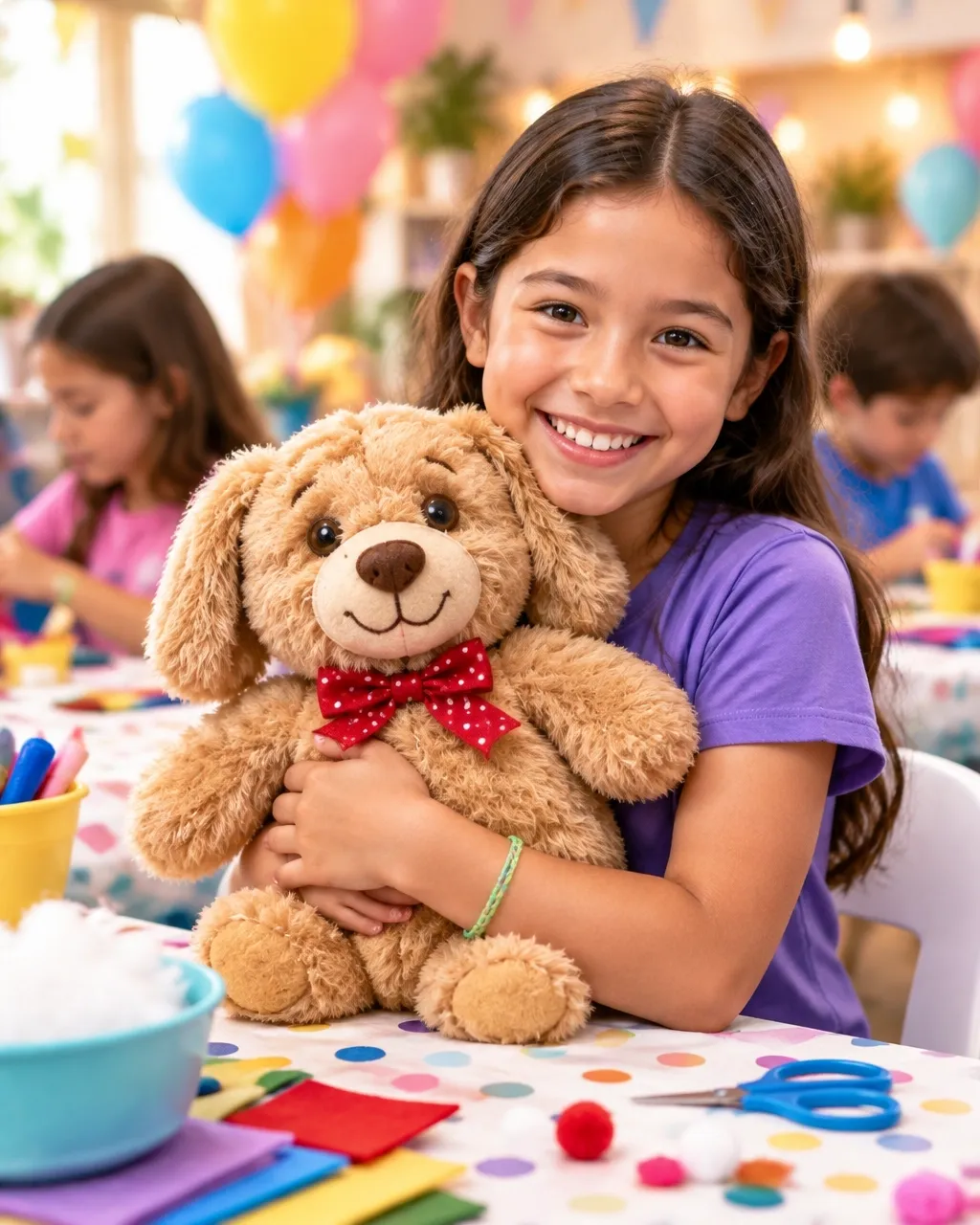 Child proudly holding a handmade plush buddy