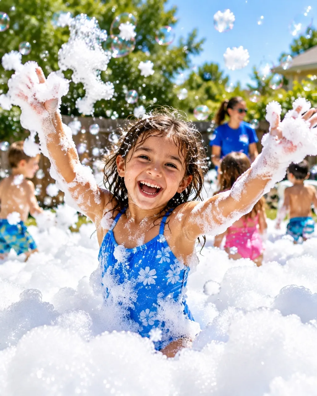 Kids laughing together in a sunny foam party