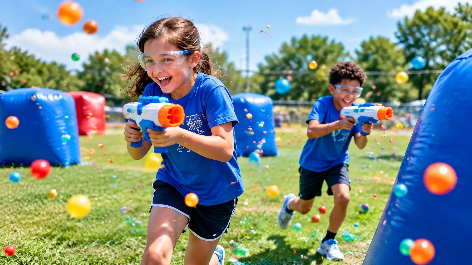 Children enjoying a supervised jelly blaster game on a sunny field